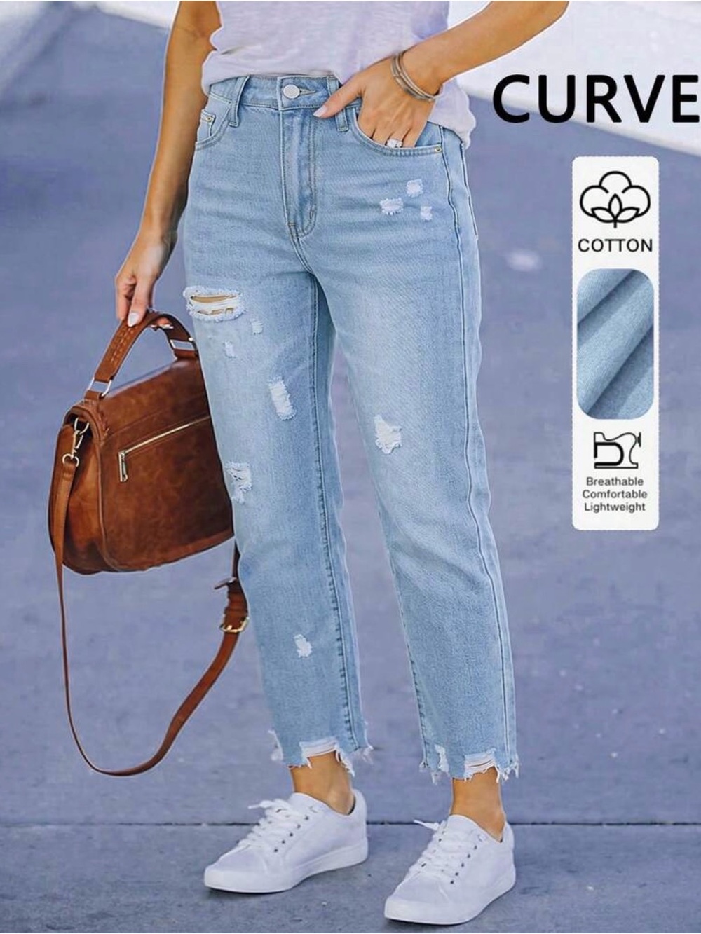 High-Rise Distressed Straight Leg Jeans for Women - Light Blue